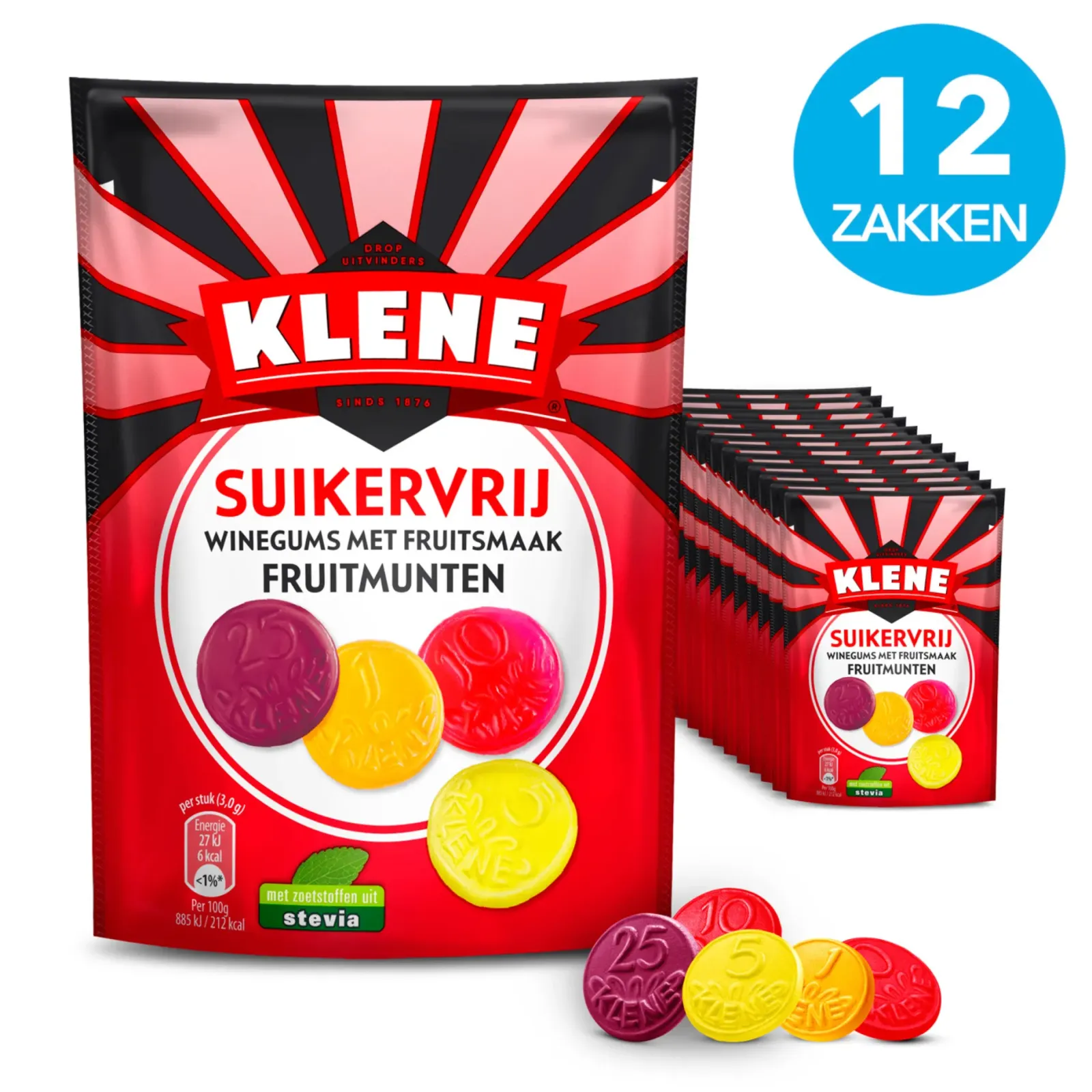 Klene Suikervrij Winegums Fruitmunten (12x 110gr) Outlet
